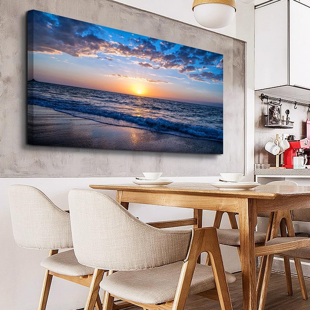 Wapluam Large Canvas Wall Art Sunset Beach Painting Picture Print on Canvas Framed Wall Art for Living Room Wall Decor for Bedroom Modern Coastal Landscape Room Decorations Artwork 60x30 Ready to Hang
