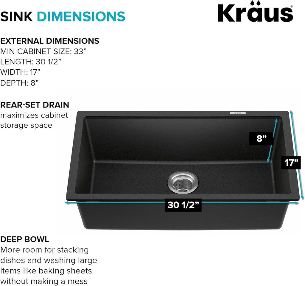 KRAUS Quarza 31-inch Undermount Single Bowl Granite Kitchen Sink in Black Onyx, KGU-413B