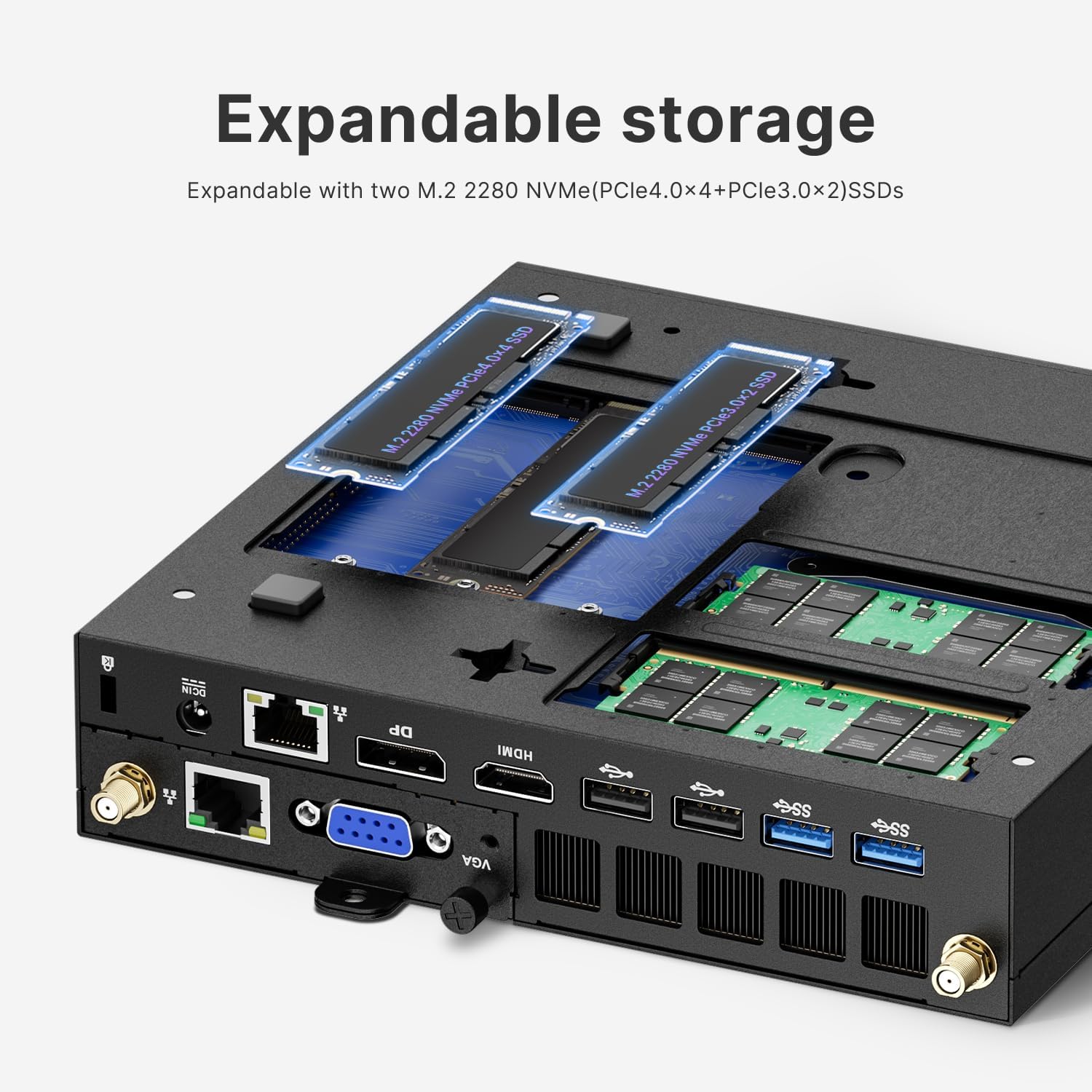 A2 Mini PC Workstation PC with VGA Port, Core i9 13900HK(Up to 5.4GHz), 32GB DDR5 1TB NVMe SSD, 8 USB A Ports/HDMI/DP(4K@144Hz)/USB C, WiFi 6, BT5.2, Home Business Mini Computers