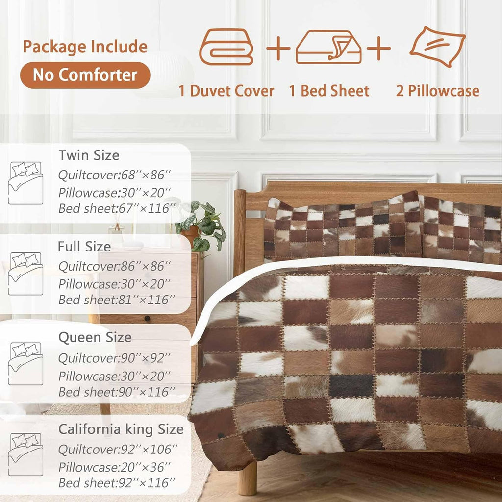 Abstract Plaid Duvet Cover Set Queen Size 4 Pieces Dark Brown Checkerboard Stitching Texture Patchwork Bedding Set with Zipper Closure, 1 Comforter Cover 90x92 Inches 1 Flat Sheet & 2 Pillow Cases
