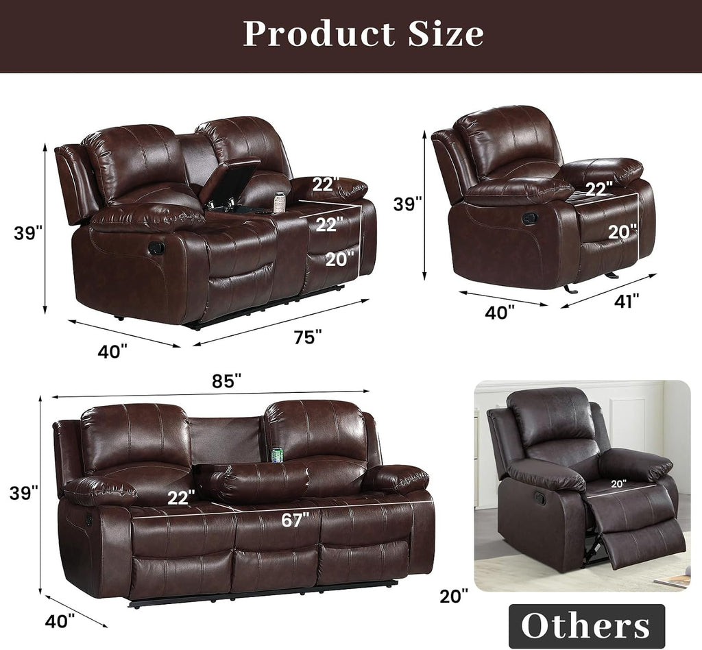 Betsy Furniture 3PC Faux Leather Manual Reclining Couch Set, Living Room Furniture Set, Sofa, Loveseat, Glider, 8018 Multiple Colors (Brown, Sofa+Loveseat+Chair)