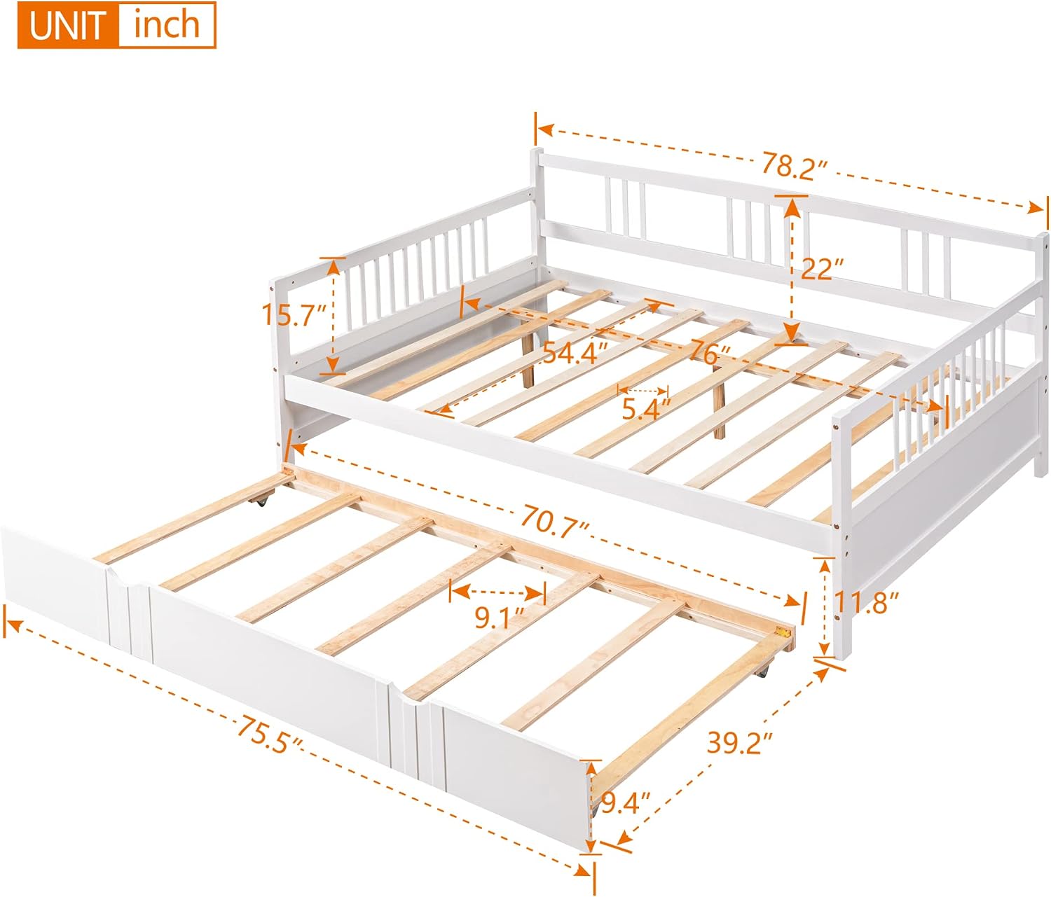 Full Size Daybed Wood with Double Ded Hideaway Trundle,Multi-Functional Design Bed Frame,W/Rails in Three Sides,Slat Support,No Box Spring Needed,forApartment,Bedroom,White