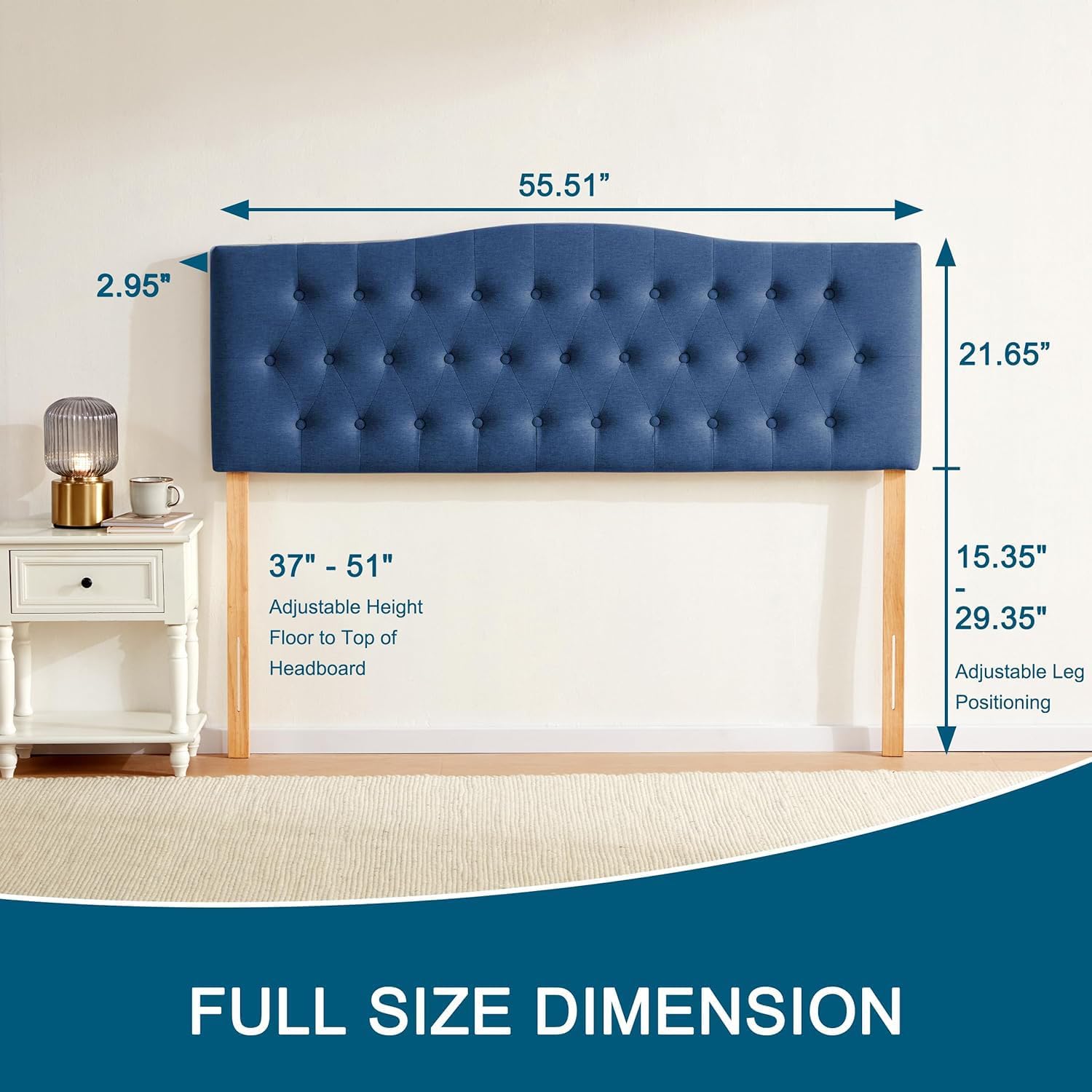Huatean Home Tufted Upholstered Headboard Full Size, Sturdy and Durable Solid Wood Full XL headboard, Fabric Headboard Adjustable Height from 37' to 51', Modern Button Diamond Design Head Board, Blue