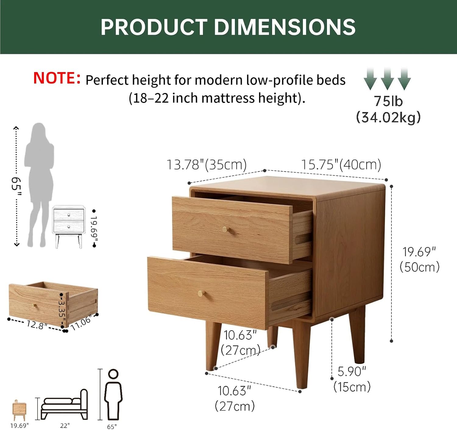 Solid Oak Wood Nightstand Set of 2, Natural Wood Nightstand with 2 Drawers, Mid Century Modern Night Stand, Wood Bedside Table Set of 2, Small Night Stand for Bedroom(19.69' H)