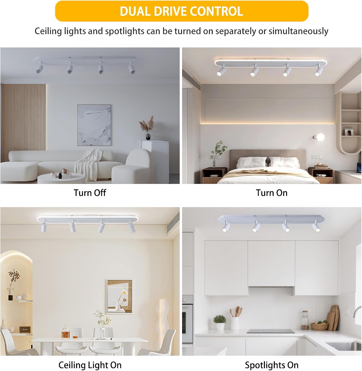 Jaycomey Modern LED Ceiling Light with 4 Spotlights, Dimmable 58W Linear Ceiling Lamp Fixture with Remote, 43.3in Upgraded Flush Mount Ceiling Chandelier Lighting for Bedroom Closet Hallway (White)