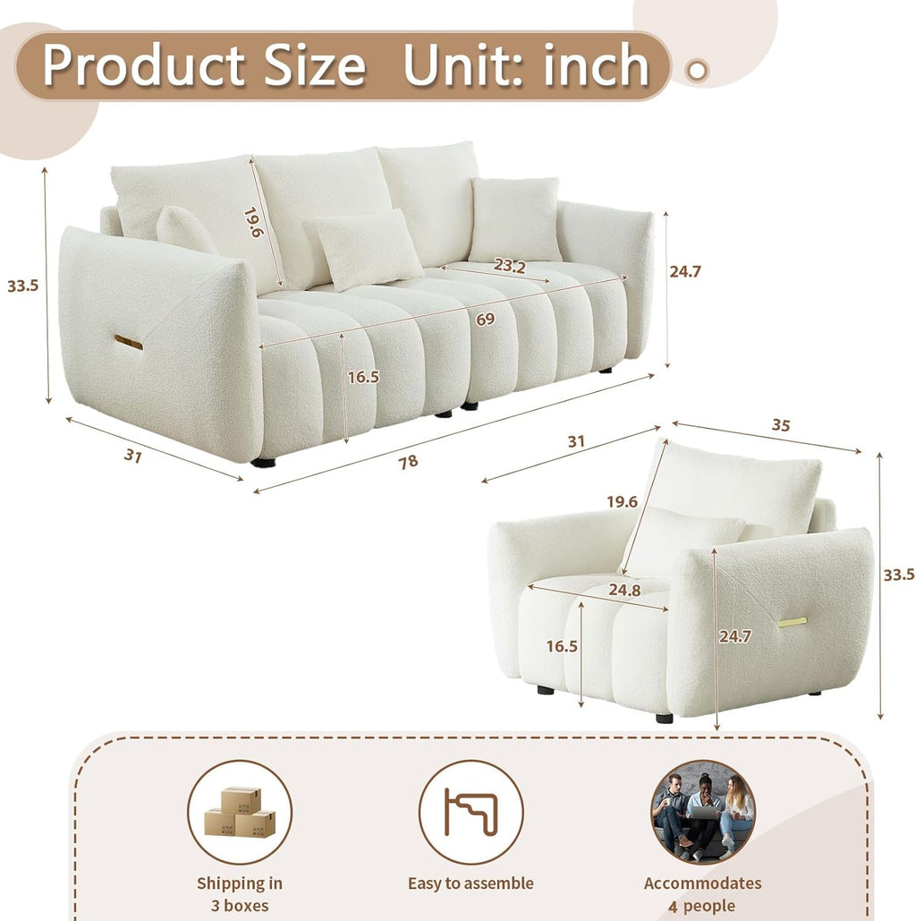 Antetek Teddy Sofa Set for Living Room, Modern Deep Seat Sofa Chair and Oversized 3-Seater Cloud Boucle Couch for Bedroom, Office, Apartment, Furniture Set, Beige (2 Piece)