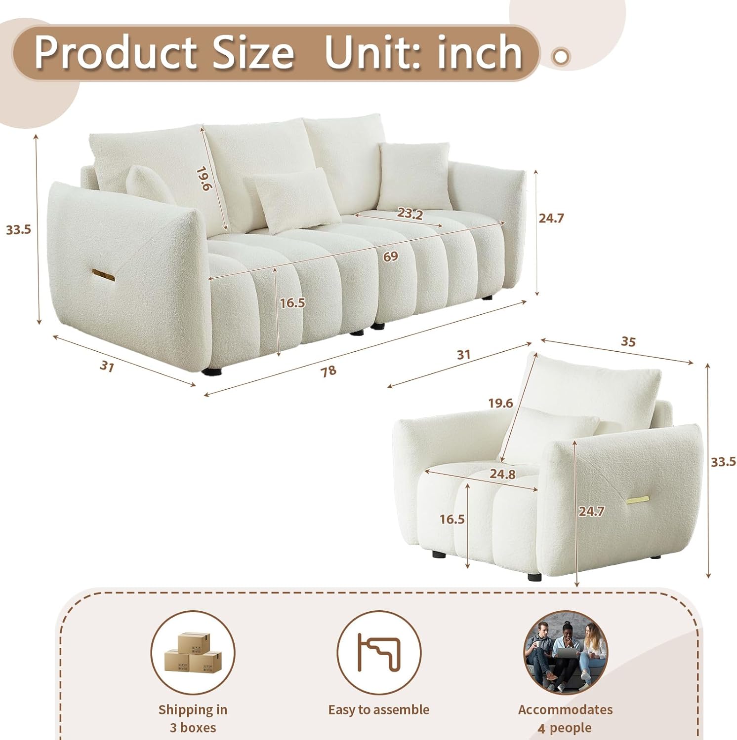 Antetek Teddy Sofa Set for Living Room, Modern Deep Seat Sofa Chair and Oversized 3-Seater Cloud Boucle Couch for Bedroom, Office, Apartment, Furniture Set, Beige (2 Piece)