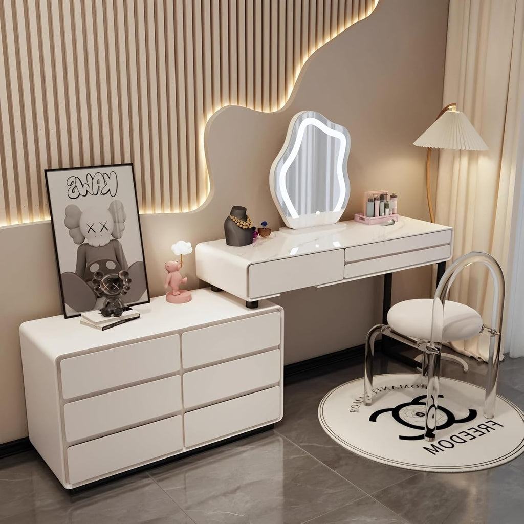 Modern Vanity Desk Set, Makeup Vanity Table with LED Smart Mirror, Rock Slate Desktop and Expandable Side Cabinet, Solid Wood Dressing Table for Bedroom, Full Set of Accessories (White -40in)