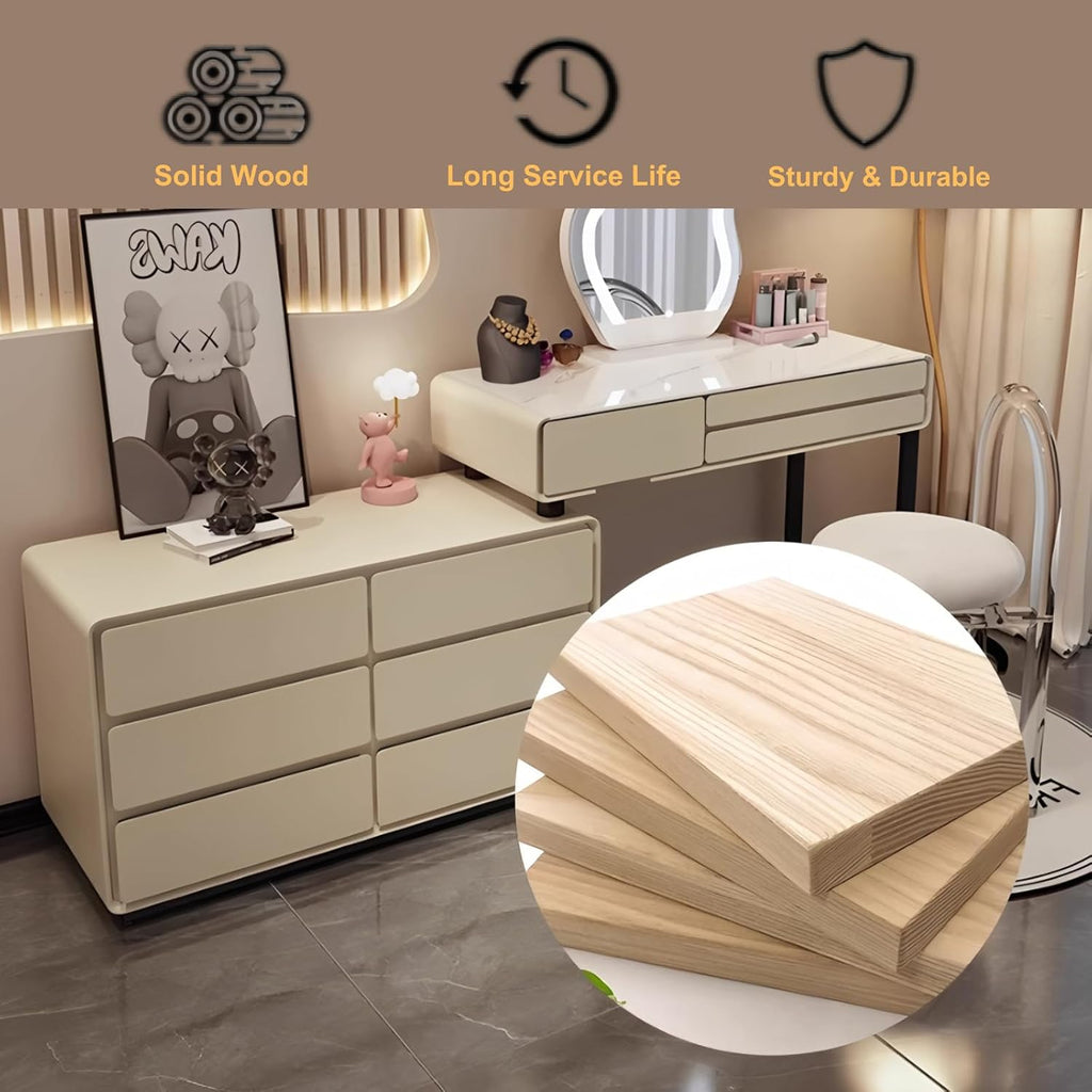 Modern Vanity Desk Set, Makeup Vanity Table with LED Smart Mirror, Rock Slate Desktop and Expandable Side Cabinet, Solid Wood Dressing Table for Bedroom, Full Set of Accessories (White -40in)