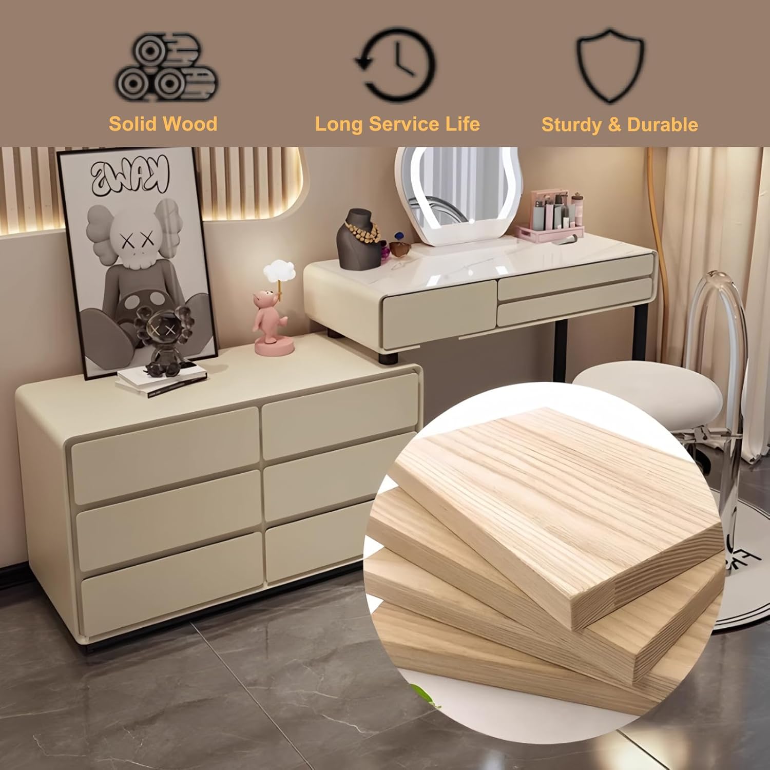 Modern Vanity Desk Set, Makeup Vanity Table with LED Smart Mirror, Rock Slate Desktop and Expandable Side Cabinet, Solid Wood Dressing Table for Bedroom, Full Set of Accessories (White -40in)