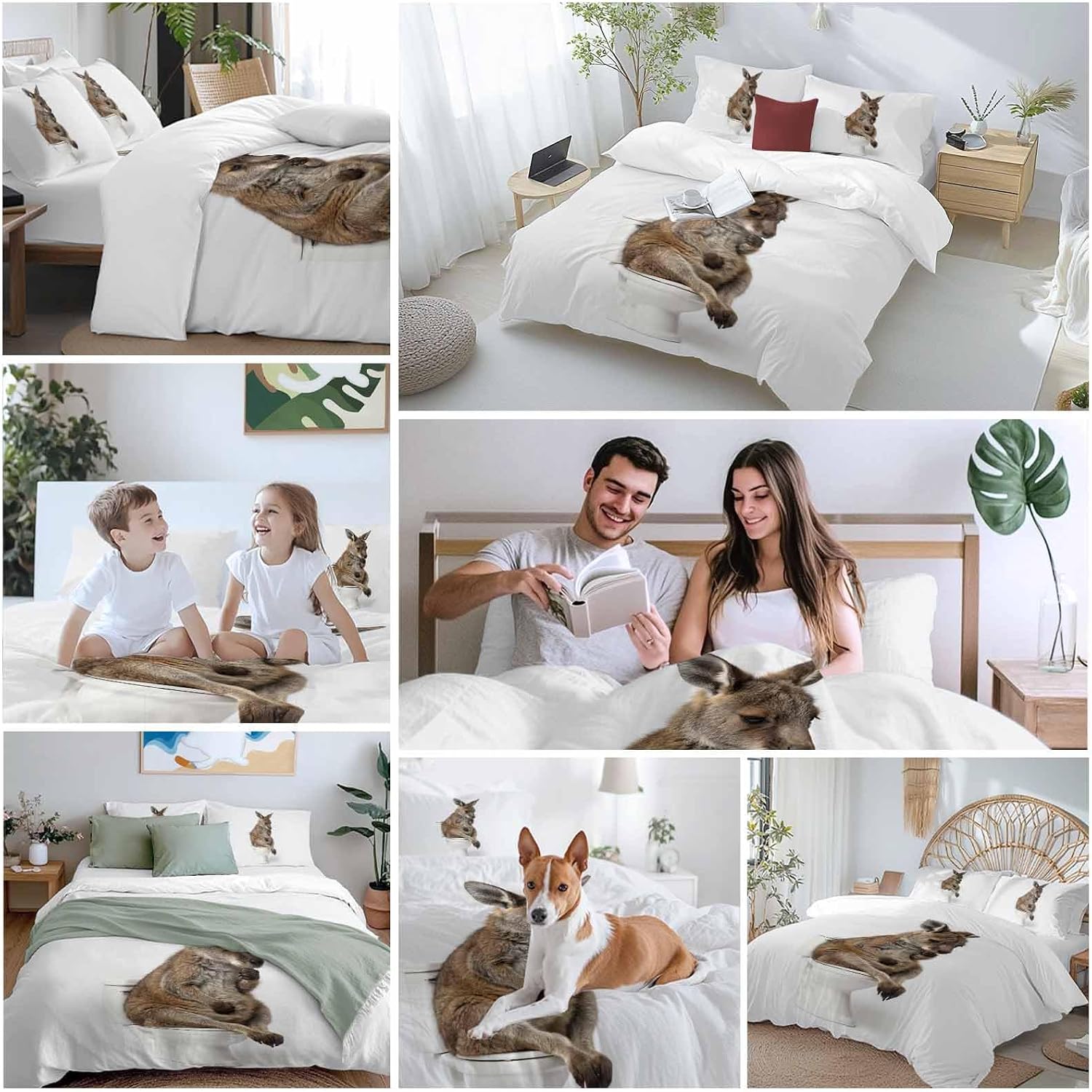 Kangaroo Sitting on The Toilet Thinking Duvet Cover Set Queen Size 4 Pieces Abstract Funny Animal Bedding Set with Zipper Closure, 1 Comforter Cover 86x86 Inches 1 Flat Sheet & 2 Pillow Cases