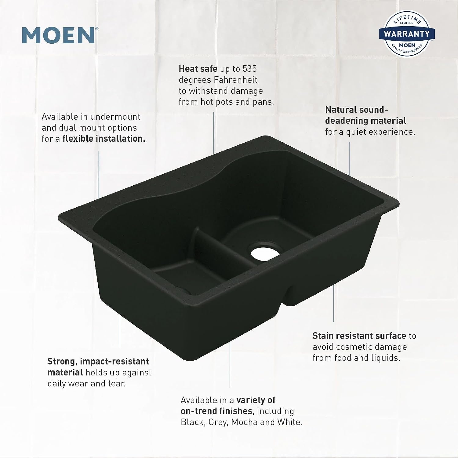 Moen Host White Granite 33-Inch Wide x 9.5-Inch Deep Dual Mount Double Bowl Kitchen Sink, GGW3024B