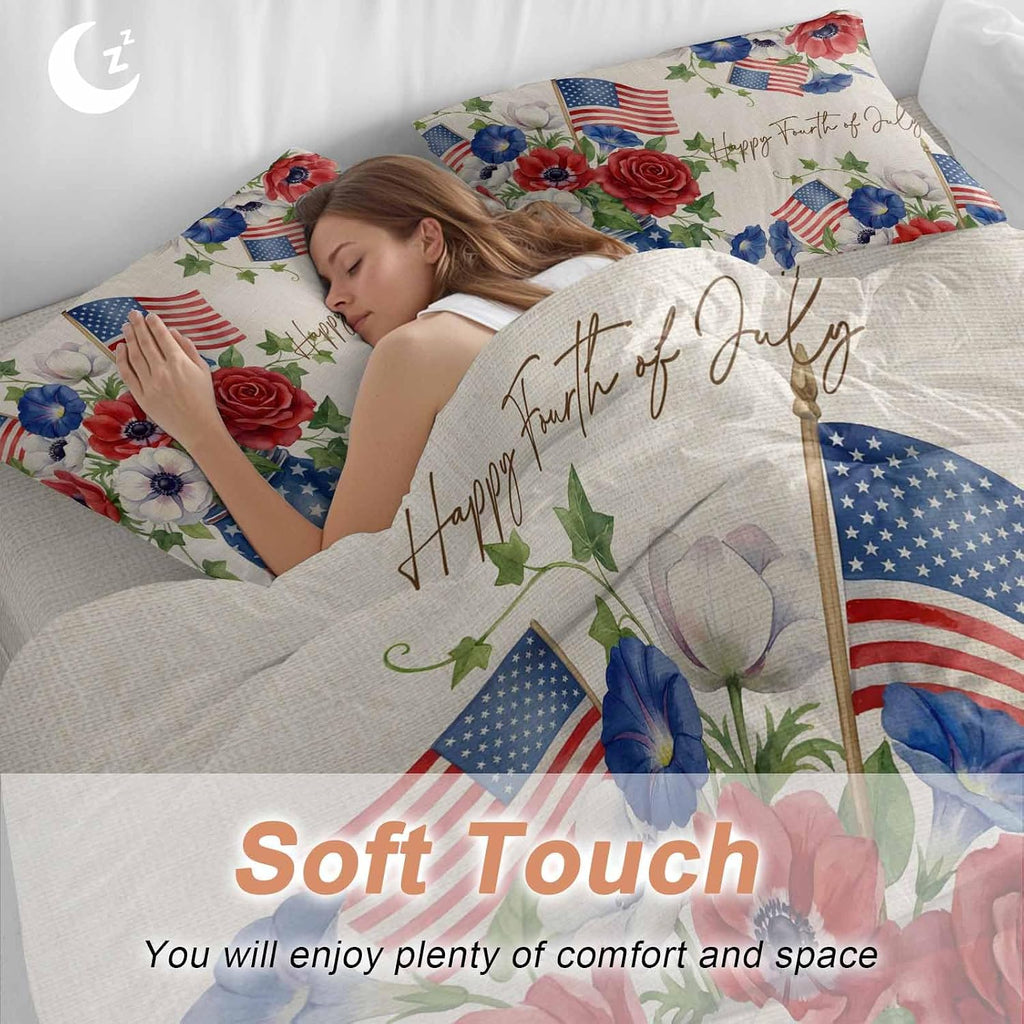 Happy Independence Day Duvet Cover Set Queen Size 4 Pieces U. S. Flag Flowers White Five-Pointed Stars Bedding Set with Zipper Closure, 1 Comforter Cover 92x106 Inches 1 Flat Sheet & 2 Pillow Cases