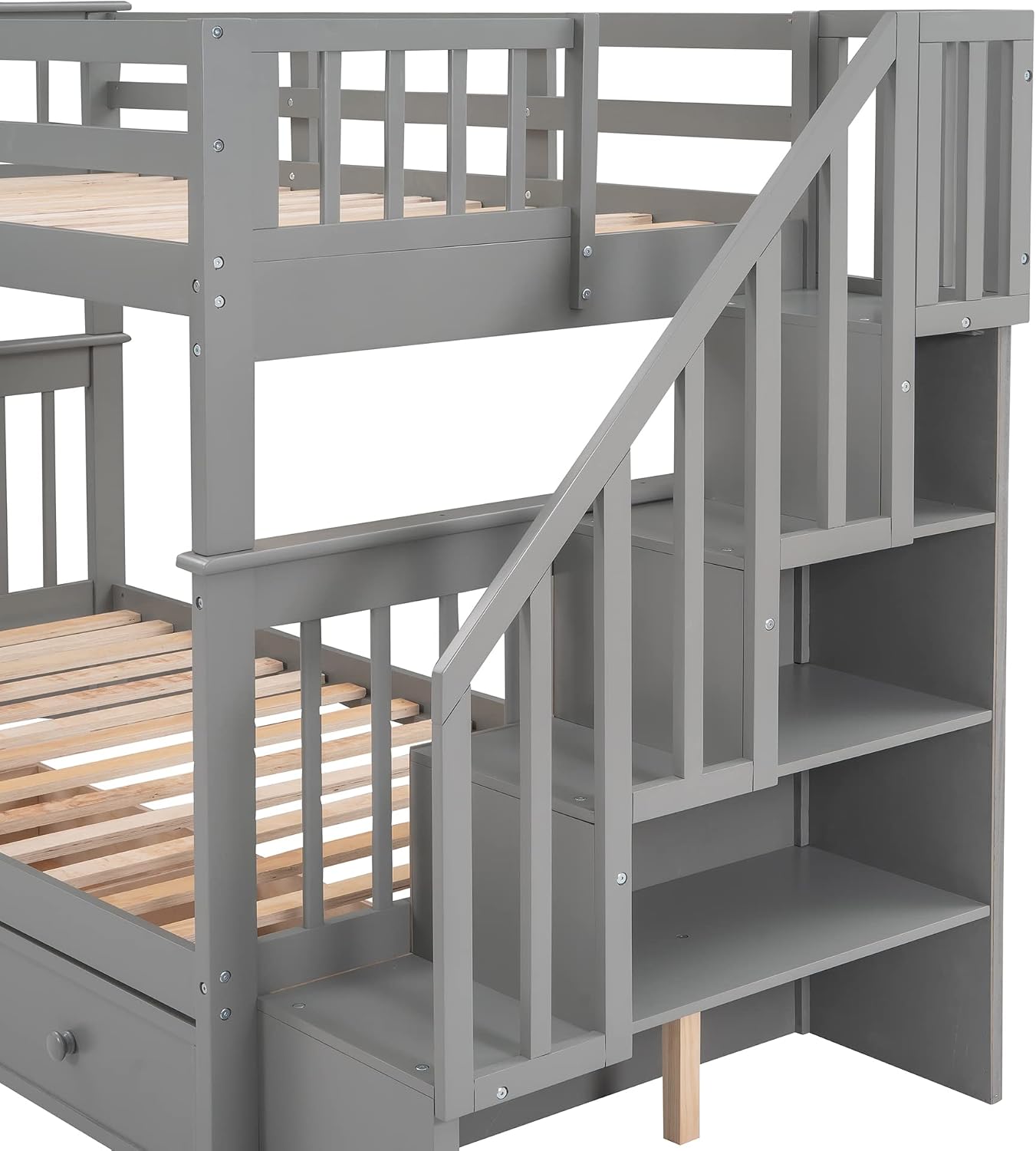 Merax Twin Over Twin Stairway Bunk Bed with 3 Storage Drawers and Staircase, Solid Wood Storage Bunk Bed Frame with Guardrail, Can be Separated into 2 Beds, Grey