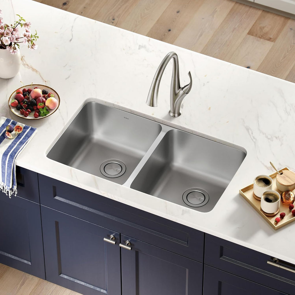 KRAUS Dex 33-inch Undermount 16 Gauge Stainless Steel Double Bowl Kitchen Sink, KA1UD33B