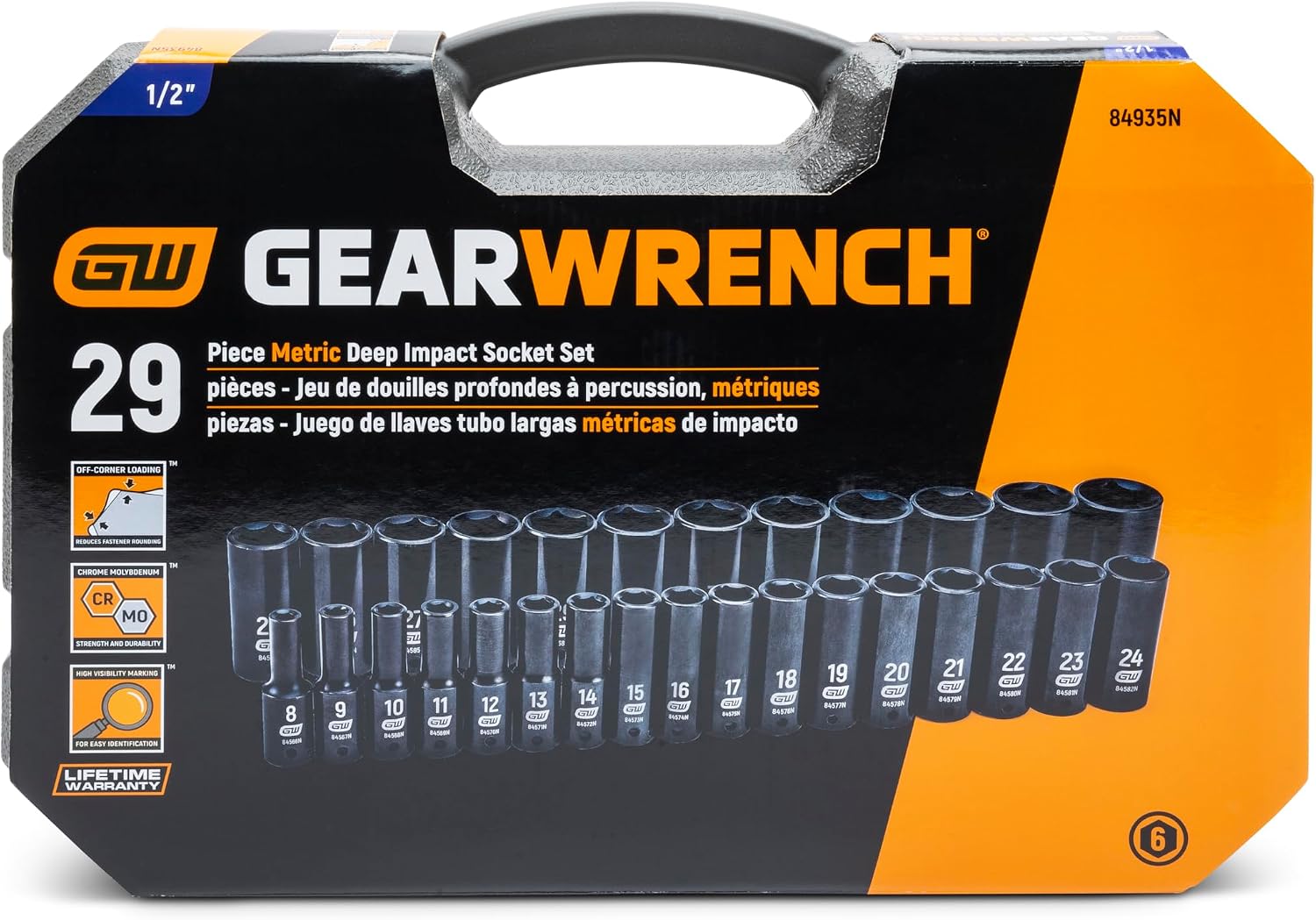 GEARWRENCH 29 Pc. 1/2' Drive 6 Pt. Impact Socket Set, Deep, Metric - 84935N