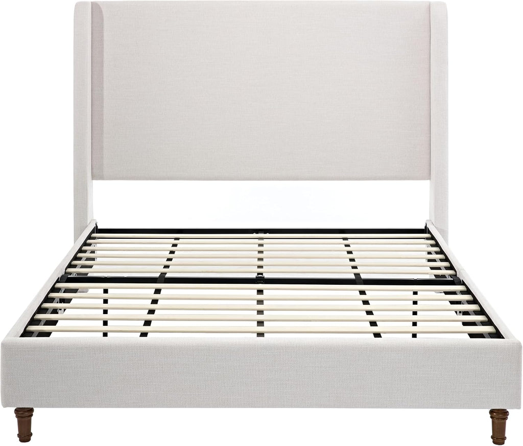 Queen Size Bed Frame With Headboard,54' Headboard Chenille Upholstered Platform Bed,Bedroom Furniture Sets No Springs Required,Metal Bed Frame With Wooden Slats for Strong Support,No Noise Free,Ivory