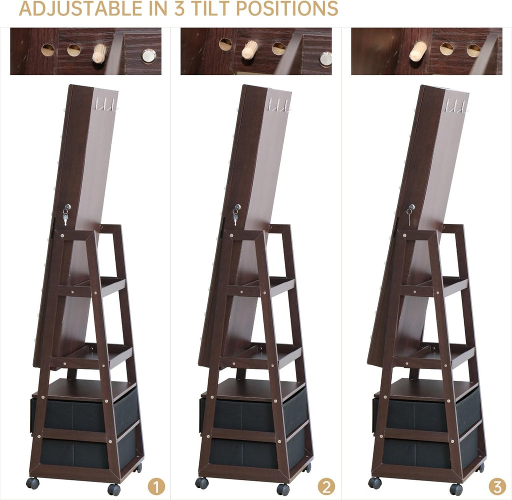 Jewelry Armoire Cabinet Organizer Standing with 20 LED Lights Lockable Full Length Mirror with Storage Shelves and 2 Drawers (Brown) Adjustable Tilt Angles Gift for Her