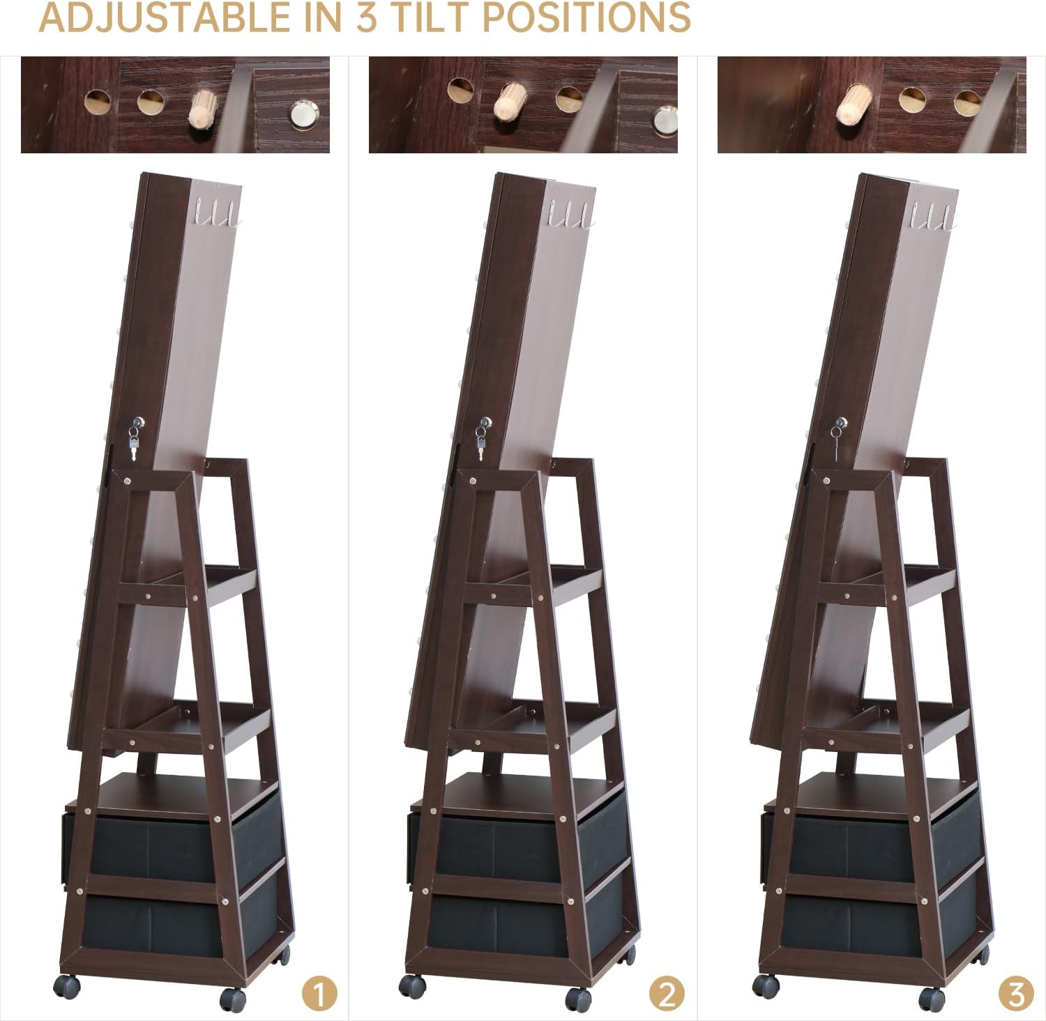 Jewelry Armoire Cabinet Organizer Standing with 20 LED Lights Lockable Full Length Mirror with Storage Shelves and 2 Drawers (Brown) Adjustable Tilt Angles Gift for Her