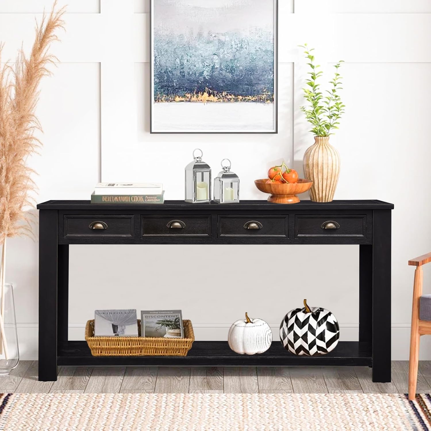 kinbor Long Sofa Table - Black 60 Inch Console Tables for Living Room, Hallway Table with 4 Drawers, Modern Wood Entryway Table with Storge Shelf