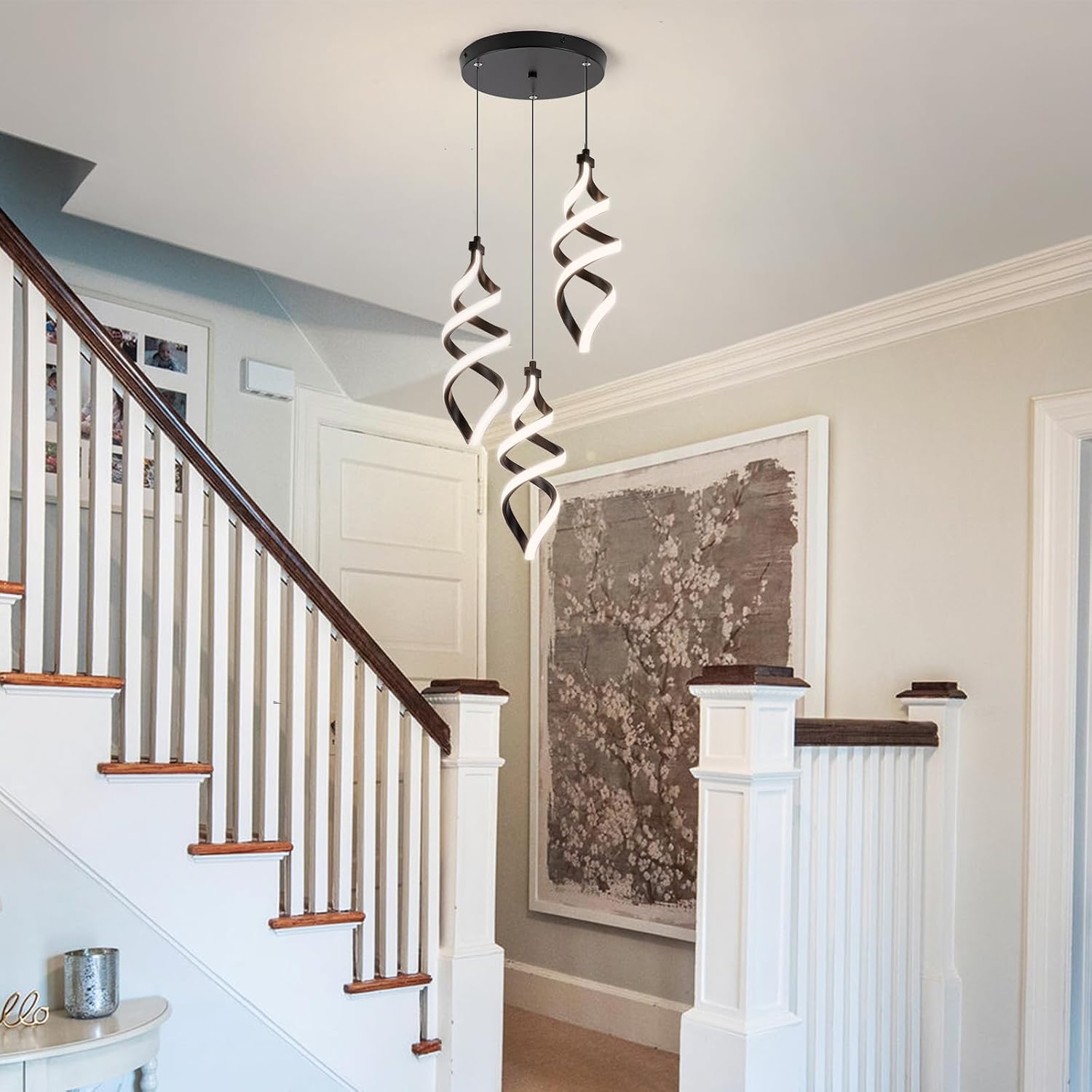 Modern Led Pendant Light Fixture, 45W Black Spiral Led Chandelier Hanging Lamp, 4500K 3 Light Cluster Pendant Lighting, Adjustable Height Pendant Light for Dining Room Bedroom Kitchen Island (3 Light)