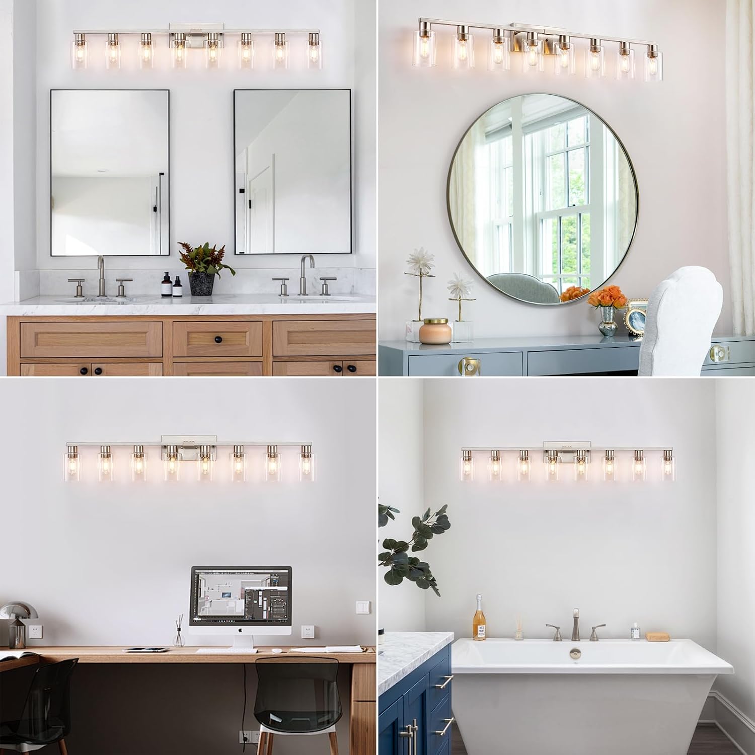 8 Light Bathroom Vanity Light, Large Brushed Nickel Vanity Lights Fixtures, Bathroom Lighting Fixture Over Mirror with Clear Glass Shade for Mirror, Bedroom, Living Room, Wall Lamp