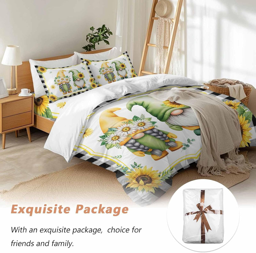 Prime Leader Summer Dwarfs Duvet Cover Set Queen Size 4 Pieces Yellow Sunflower Daisy Black Plaid Field Bedding Set with Zipper Closure, 1 Comforter Cover 92x106 Inches 1 Flat Sheet & 2 Pillow Cases