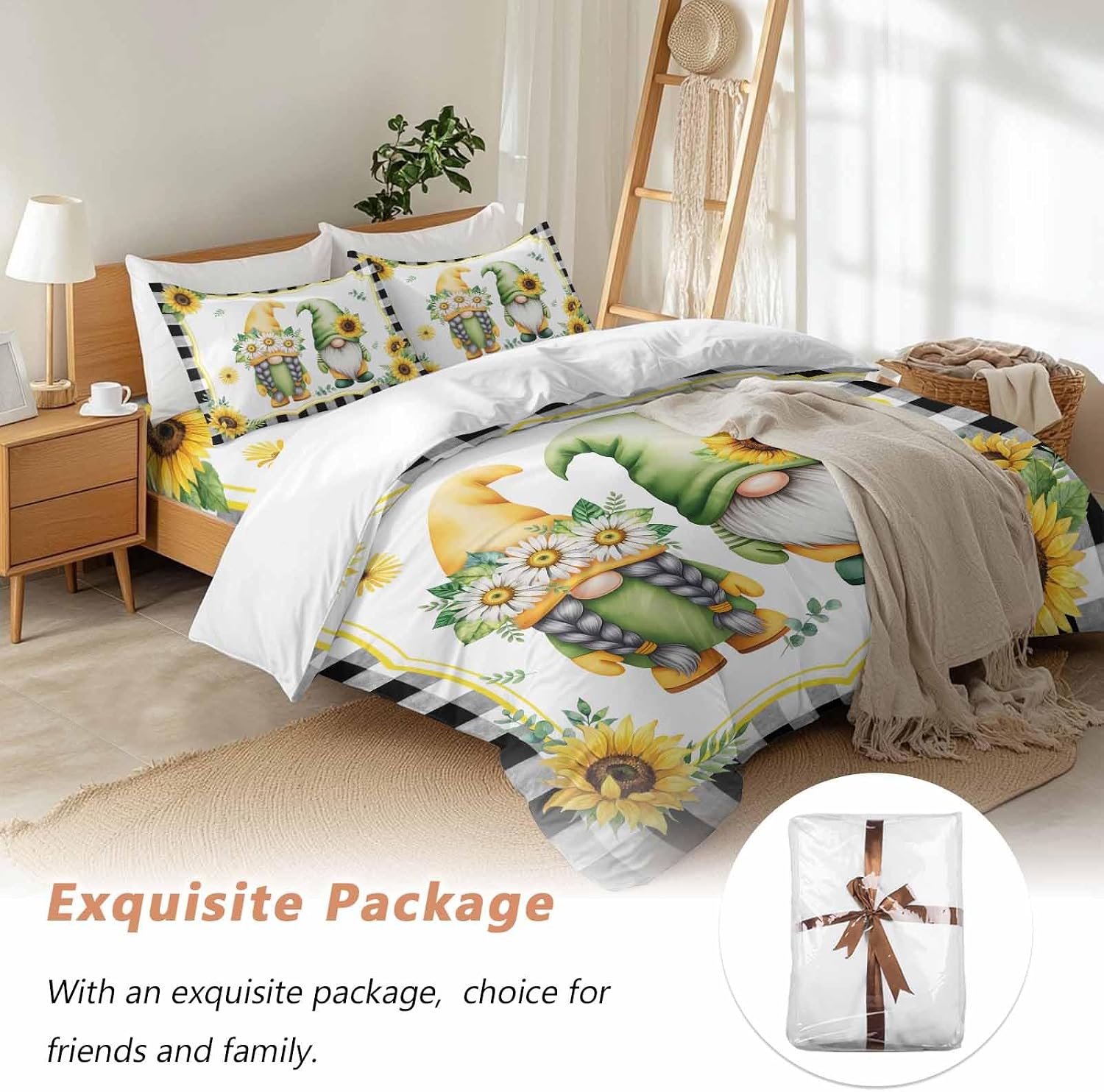 Prime Leader Summer Dwarfs Duvet Cover Set Queen Size 4 Pieces Yellow Sunflower Daisy Black Plaid Field Bedding Set with Zipper Closure, 1 Comforter Cover 92x106 Inches 1 Flat Sheet & 2 Pillow Cases