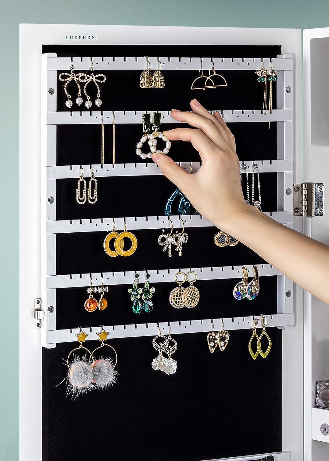 LUXFURNI LED Light Standing Jewelry Cabinet Armoire, Full Length Mirror with Storage, Lockable Large Storage Jewelry Organizer Mirror w/Drawers (White)