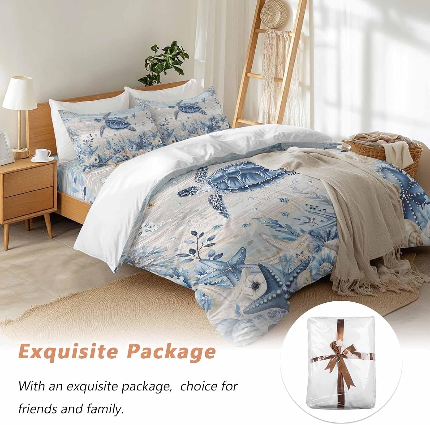 Ocean Turtles Duvet Cover Set Queen Size 4 Pieces Blue Yellow Sea Star Shell Coral Yellow Blue Stripes Bedding Set with Zipper Closure, 1 Comforter Cover 92x106 Inches 1 Flat Sheet & 2 Pillow Cases