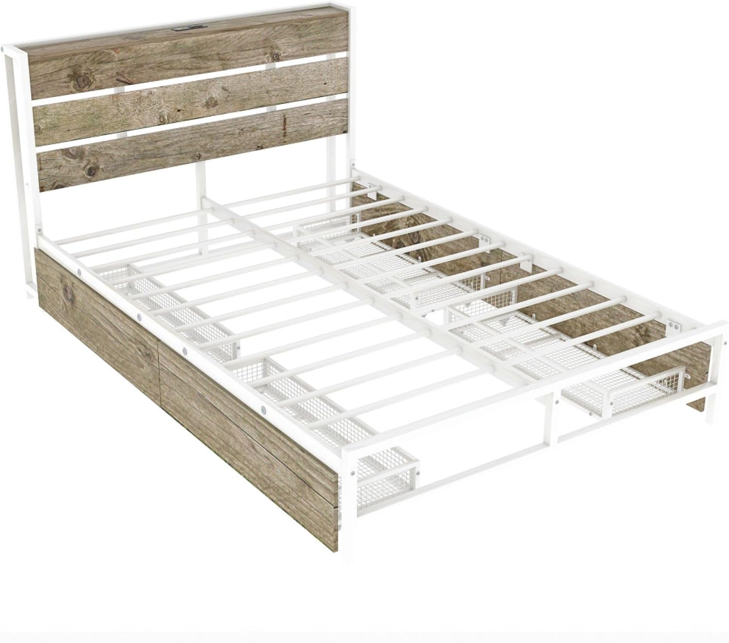 Rustic Wood Platform Bed Frame with 4-Drawer Storage, Charging Station Headboard, 12 Metal Slats, No Box Spring Needed, USB Ports & Outlets, Full Size Modern Bedroom Furniture Set