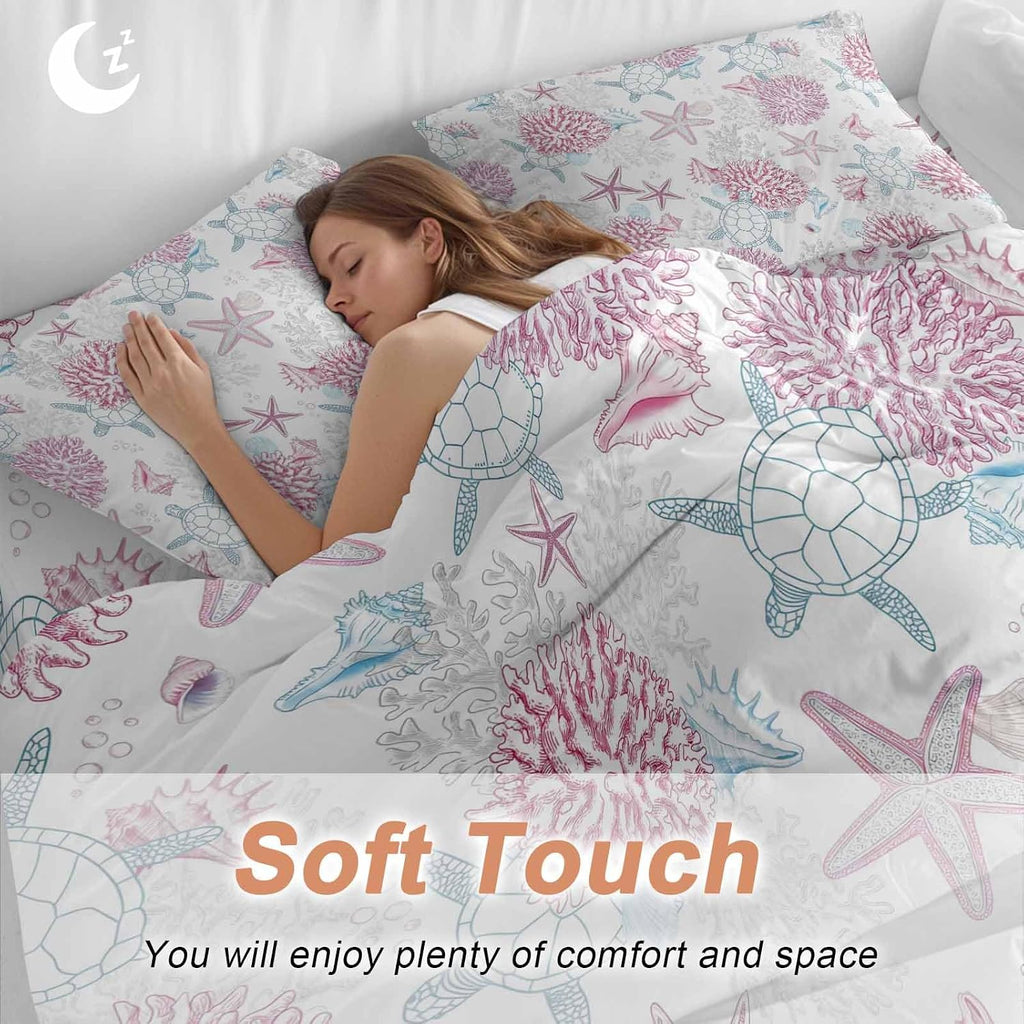 Summer Marine Life Duvet Cover Set Queen Size 4 Pieces Ocean Starfish Coral Coastal Sea Turtle Pink Bedding Set with Zipper Closure, 1 Comforter Cover 92x106 Inches 1 Flat Sheet & 2 Pillow Cases