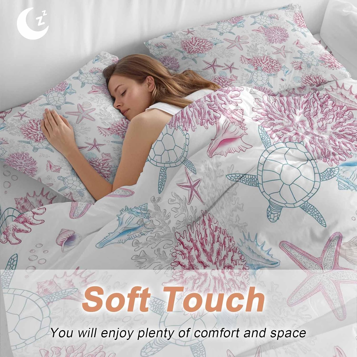 Summer Marine Life Duvet Cover Set Queen Size 4 Pieces Ocean Starfish Coral Coastal Sea Turtle Pink Bedding Set with Zipper Closure, 1 Comforter Cover 92x106 Inches 1 Flat Sheet & 2 Pillow Cases