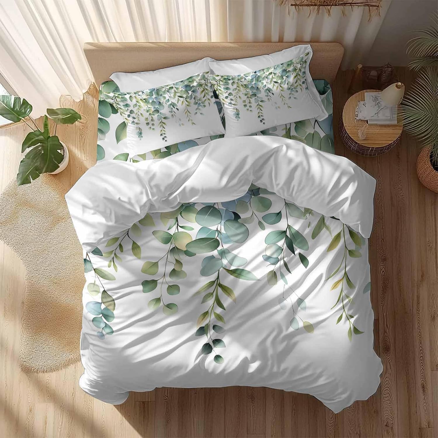 Prime Leader Green Leaves Duvet Cover Set Queen Size 4 Pieces Eucalyptus Leaf Watercolor Plant Botanical Bedding Set with Zipper Closure, 1 Comforter Cover 92x106 Inches 1 Flat Sheet & 2 Pillow Cases