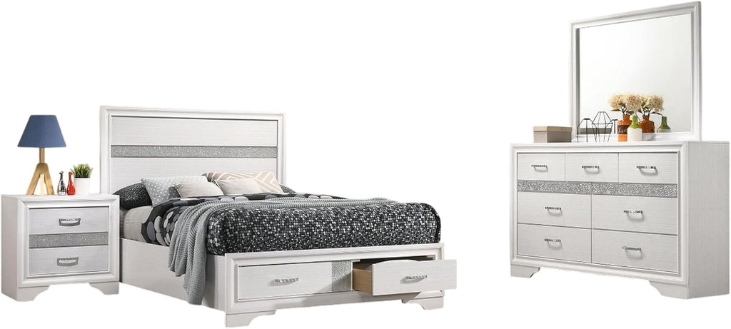Benjara Vino 4pc Full Bedroom Set- Storage Footboard- White/Glitter Stripes