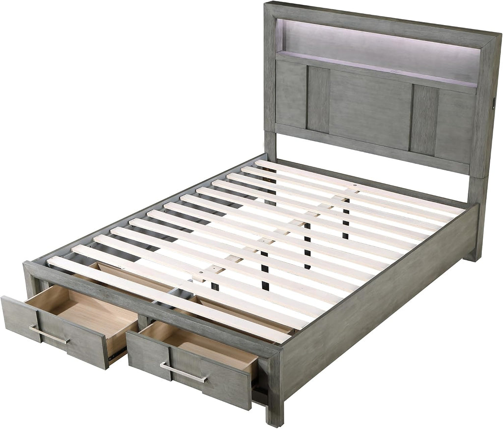 Modern Style Full 4PC Storage Bedroom Set Made with Wood, LED Headboard, Bluetooth Speakers & USB Ports - Grey