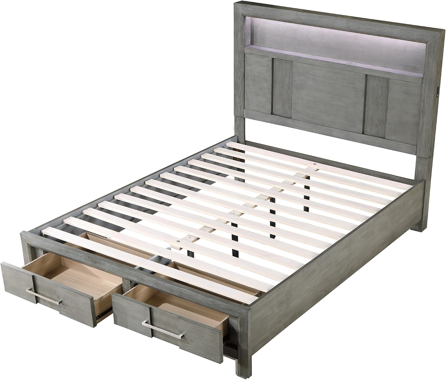 Modern Style Full 4PC Storage Bedroom Set Made with Wood, LED Headboard, Bluetooth Speakers & USB Ports - Grey