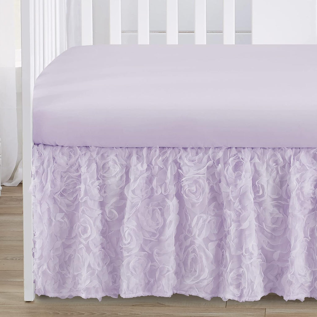 Sweet Jojo Designs 4-Piece Baby Crib Bedding Set (Purple Lavendar Floral Rose) for Girls, Infants/Nursery incl. Blanket, Fitted Sheet, Skirt, Diaper Stacker (Elegant, Princess, Luxury, Ruffle Roses)