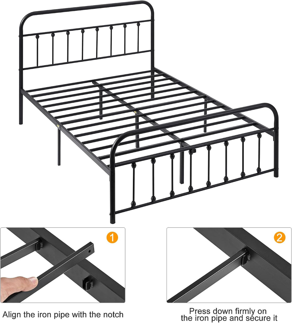 VECELO Full Size Victorian Style Metal Bed Frame with Headboard Classic Metal Platform Bed Frame Mattress Foundation with Footboard/Under Bed Storage/No Box Spring Black