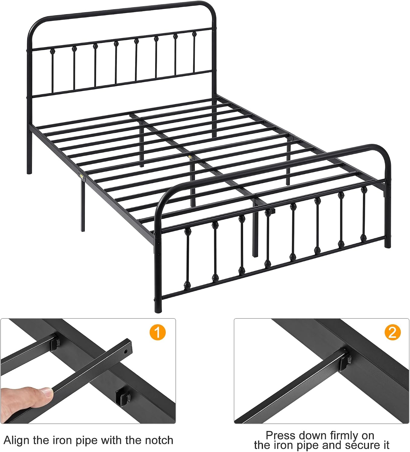 VECELO Queen Size Victorian Style Metal Bed Frame with Headboard Classic Metal Platform Bed Frame Mattress Foundation with Footboard/Under Bed Storage/No Box Spring Black