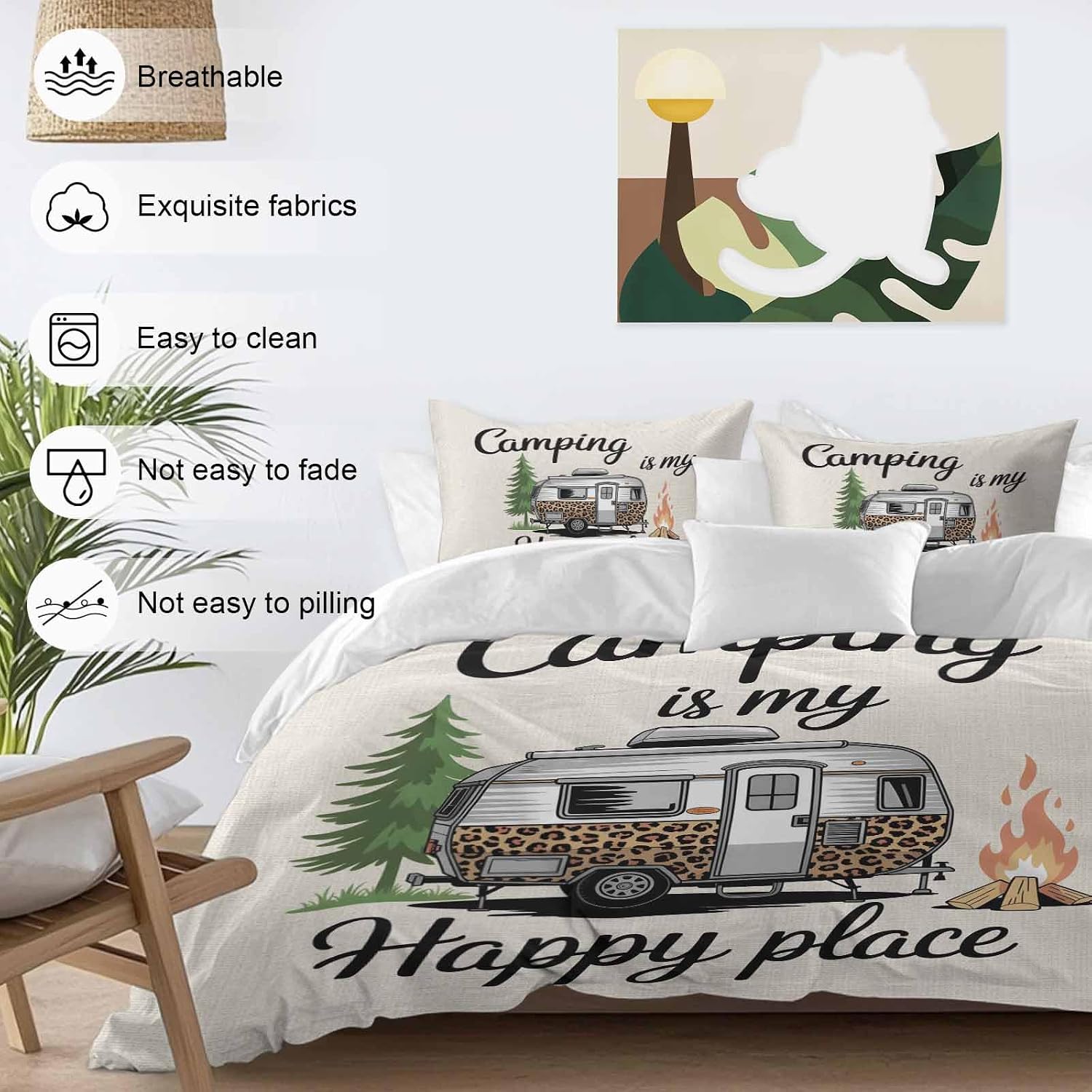 Prime Leader Camping is My Happy Place Duvet Cover Set Queen Size 4 Pieces Leopard RV Vintage Linen Bedding Set with Zipper Closure, 1 Comforter Cover 92x106 Inches 1 Flat Sheet & 2 Pillow Cases
