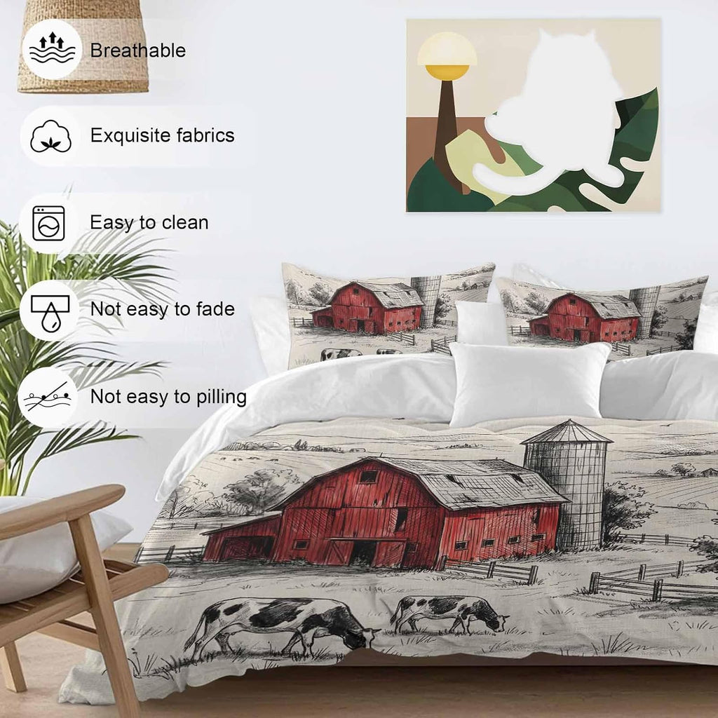Farmhouse Duvet Cover Set Queen Size 4 Pieces Pastoral Landscape Watercolor Barn Farm Dairy Cow Retro Bedding Set with Zipper Closure, 1 Comforter Cover 92x106 Inches 1 Flat Sheet & 2 Pillow Cases