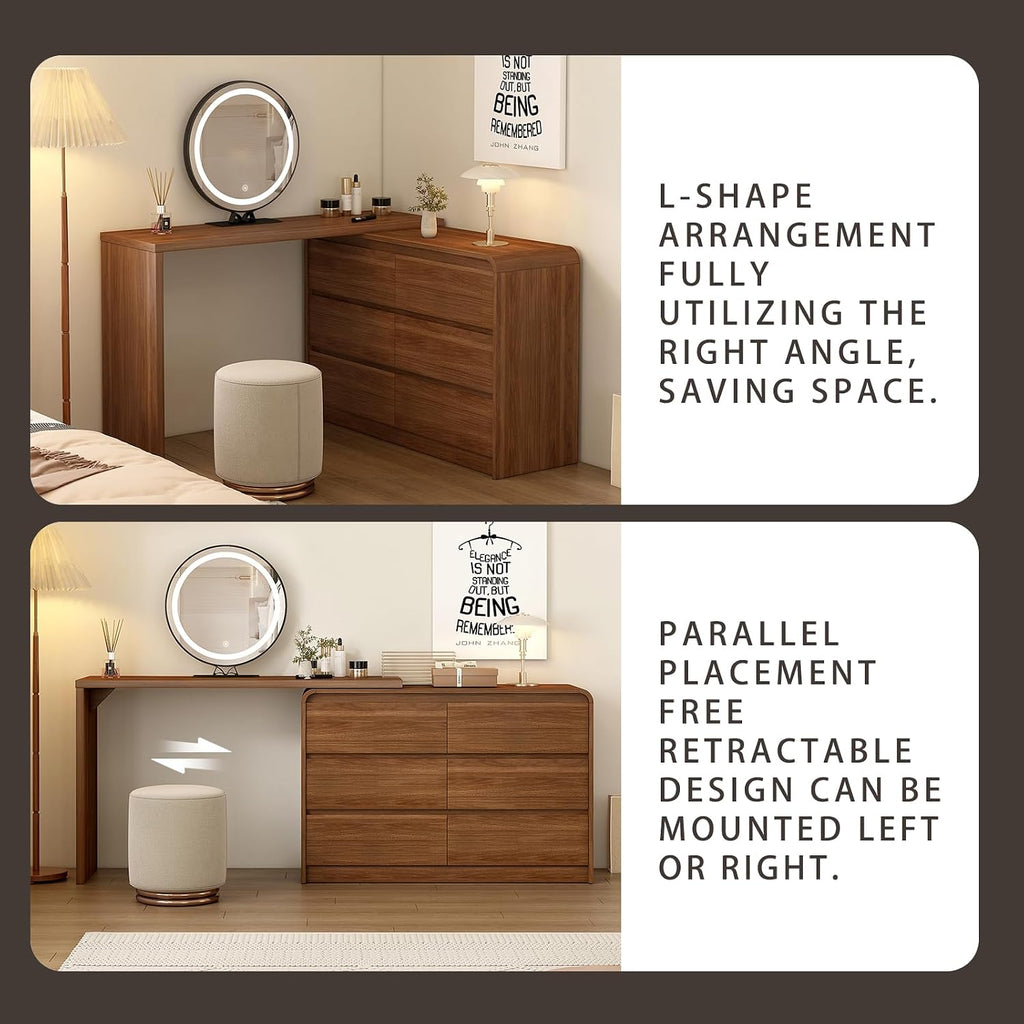 Messenya Makeup Vanity Desk with Full Aluminum HD Lighted Mirror, 50-90in Extendable Modern Vanity Table Set with Chair, 6-Drawer Storage Cabinet with Rounded Corners, Bedroom Dressing Table, Brown