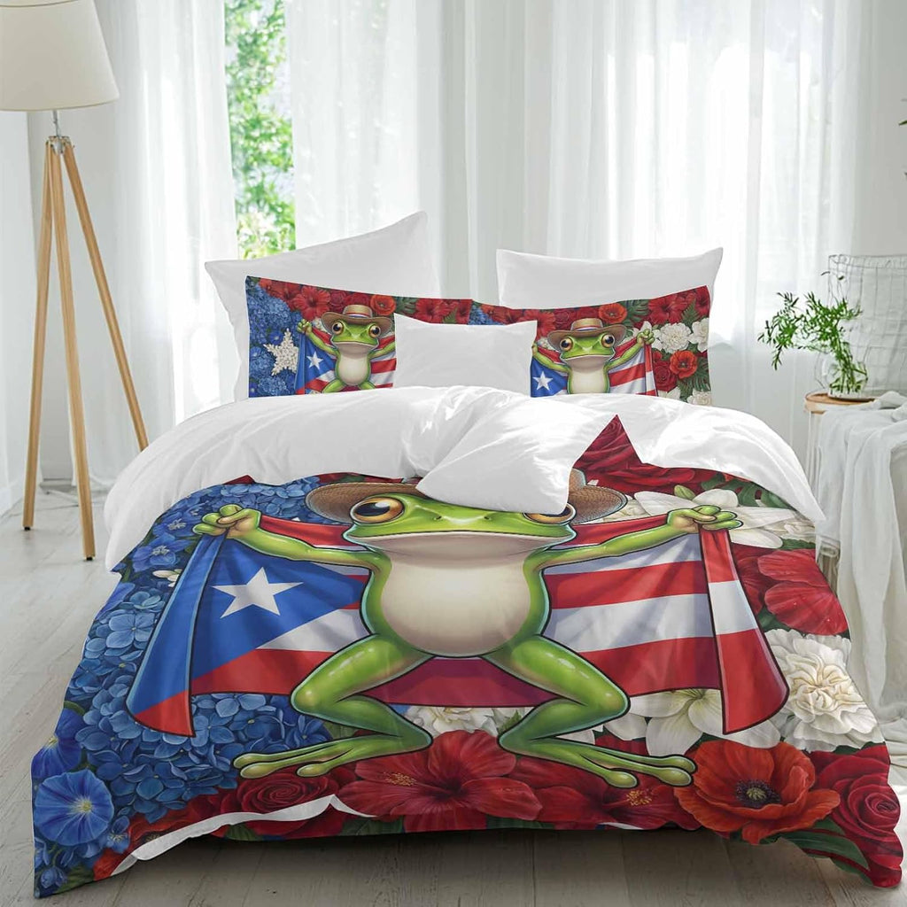 Puerto Rican Duvet Cover Set Queen Size 4 Pieces Flag Themed Watercolor Flowers Cartoon Funny Frog Bedding Set with Zipper Closure, 1 Comforter Cover 92x106 Inches 1 Flat Sheet & 2 Pillow Cases