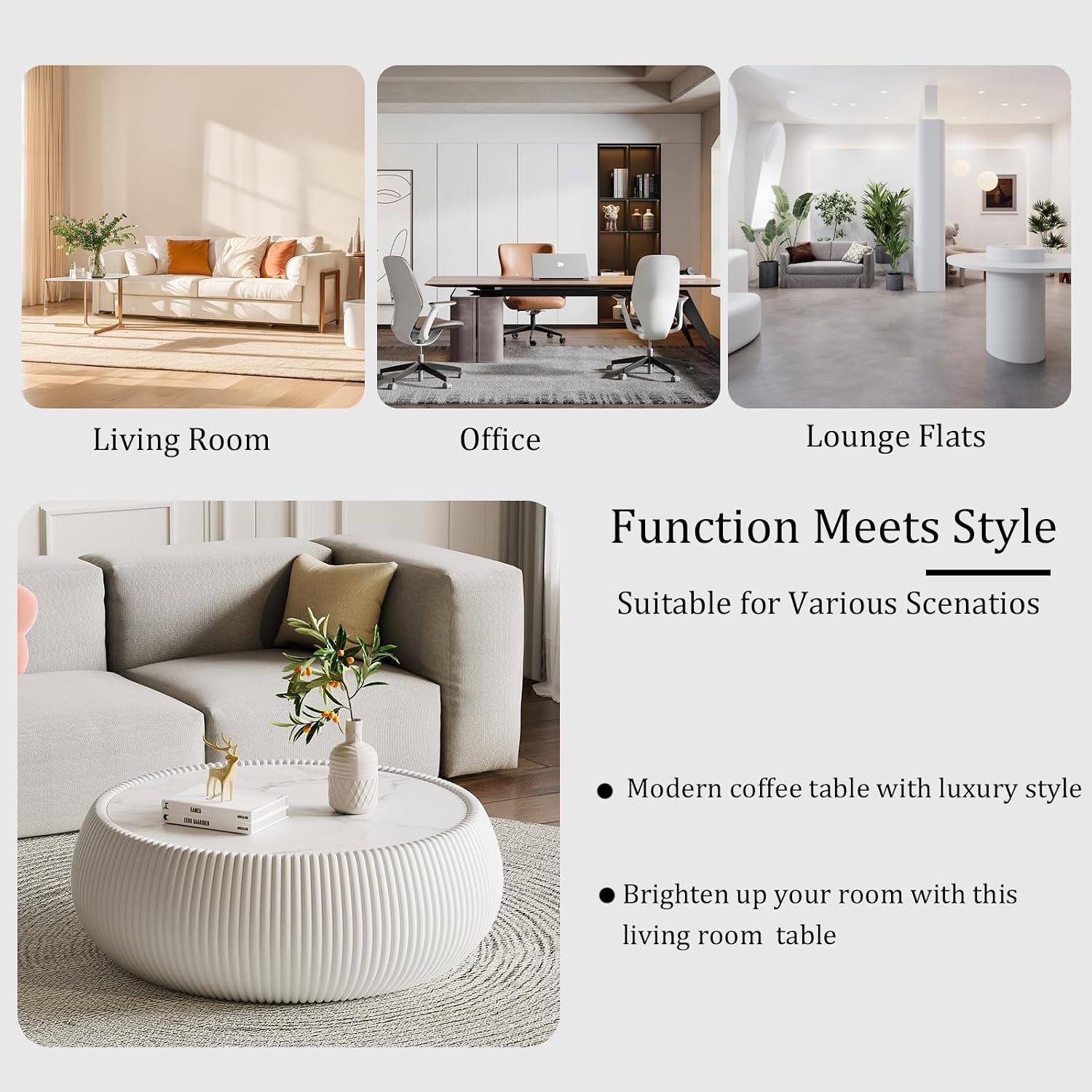 27.55' White Round Coffee Table, Drum Coffee Table with Sintered Stone Tabletop and Fluted PU Leather Covered and Stable Base, Circle Cocktail Tea Table for Living Room