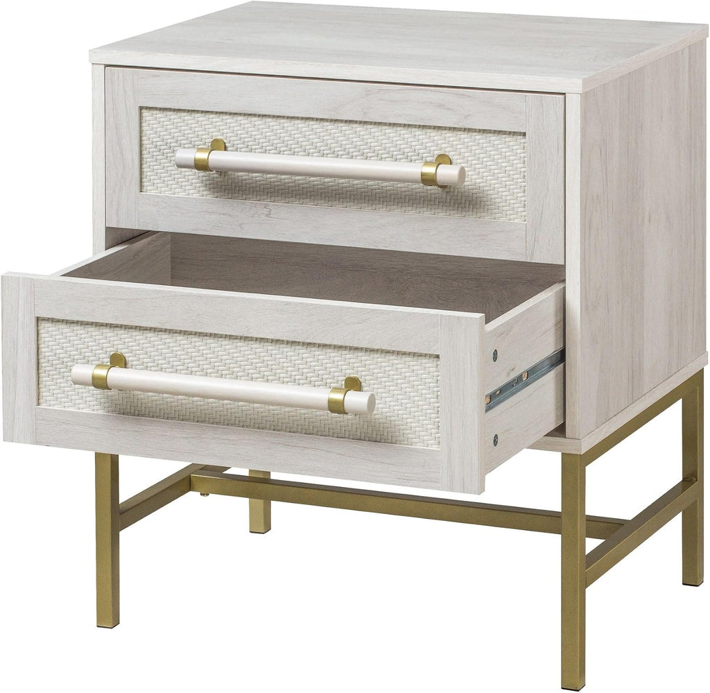 Sophia 2-Drawer Nightstand in Sand Finish with Rattan Fronts, Elegant Gold-Tone Bar Pulls, and Slim Metallic Legs- Ideal Bedroom Furniture for Boho, Transitional, and Modern Interiors