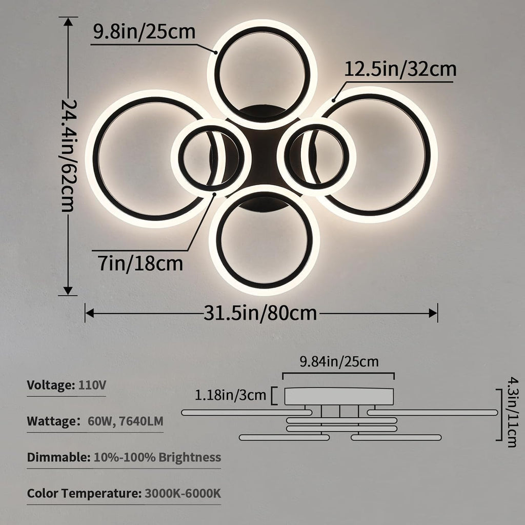 Shine LUEST 6 Rings Black Modern LED Ceiling Light Fixture, Flush Mount Ceiling Light with Remote Dimmable Brightness, Adjustable 3000-6000K Color Temperature, Timer for Living Room, Bedroom