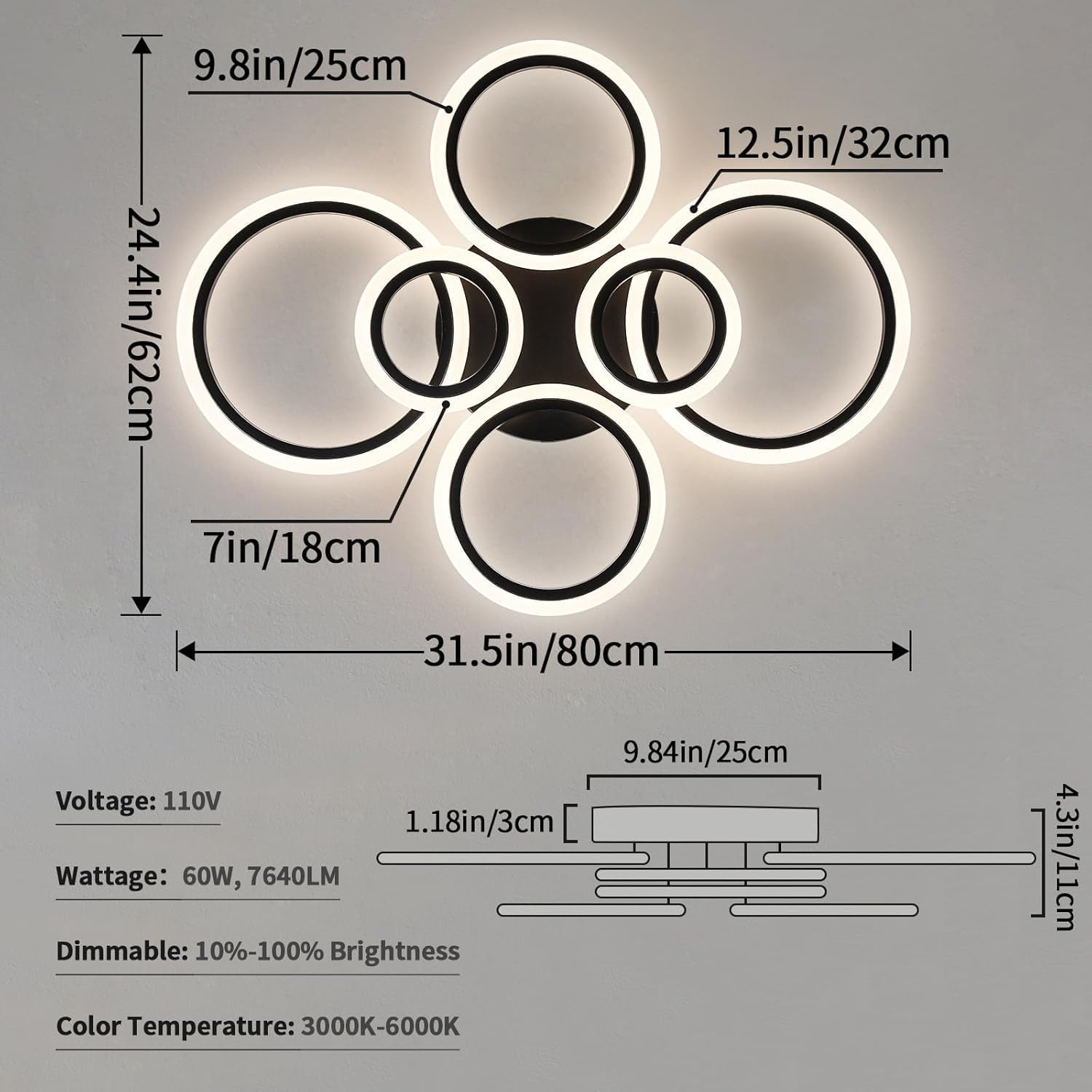 Shine LUEST 6 Rings Black Modern LED Ceiling Light Fixture, Flush Mount Ceiling Light with Remote Dimmable Brightness, Adjustable 3000-6000K Color Temperature, Timer for Living Room, Bedroom