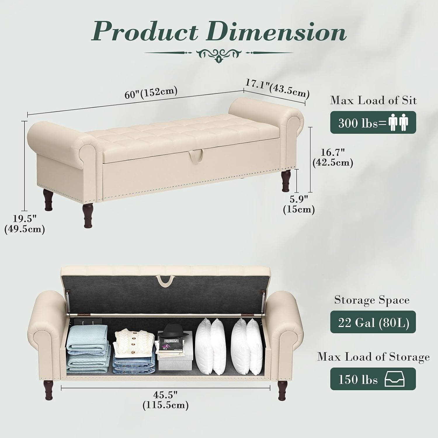 Apicizon 60' Bench with Storage, Faux Leather Ottoman Bench with Rolled Arm & Vintage Rivets, End of Bed Bench for Bedroom, Living Room, Entryway, Beige+Brown Legs