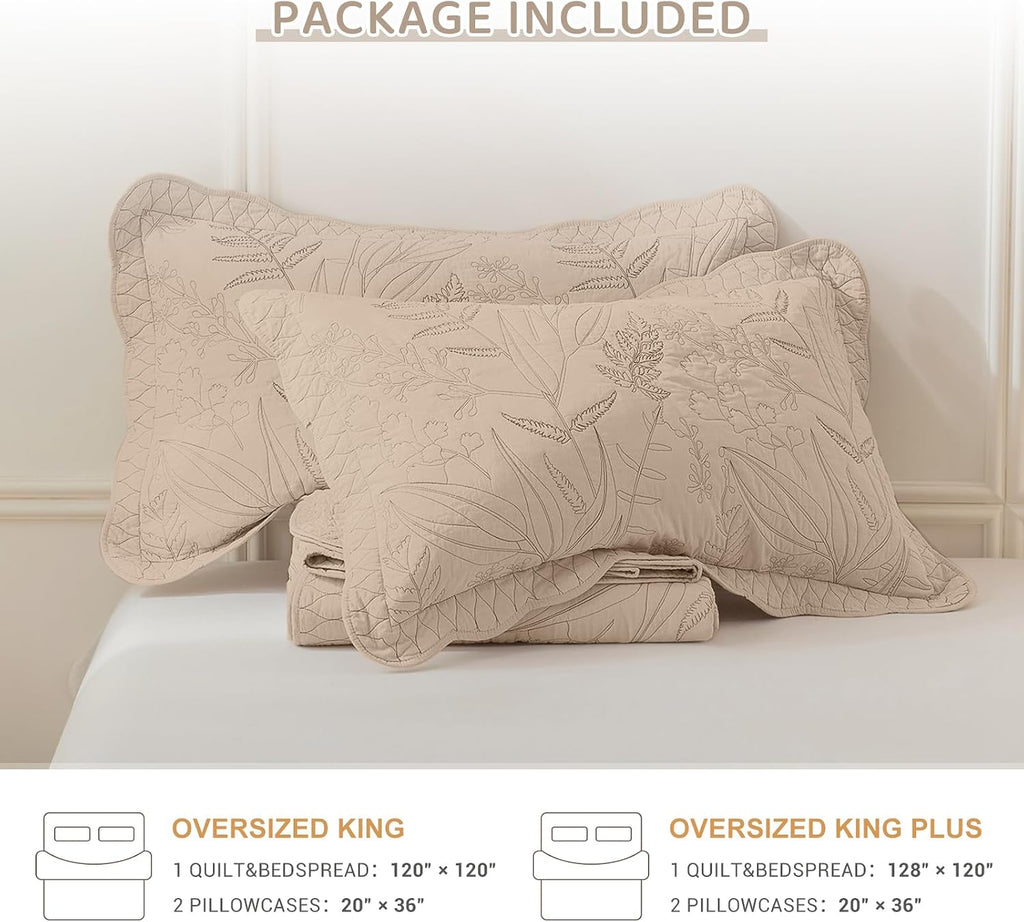Sanracie Oversized King Quilt 120'x120', 100% Cotton Warm Taupe Print Quilted Bedspread Set 3Pcs Soft Breathable Botanical Leaves Pattern Quilt Bedding Set for All Season